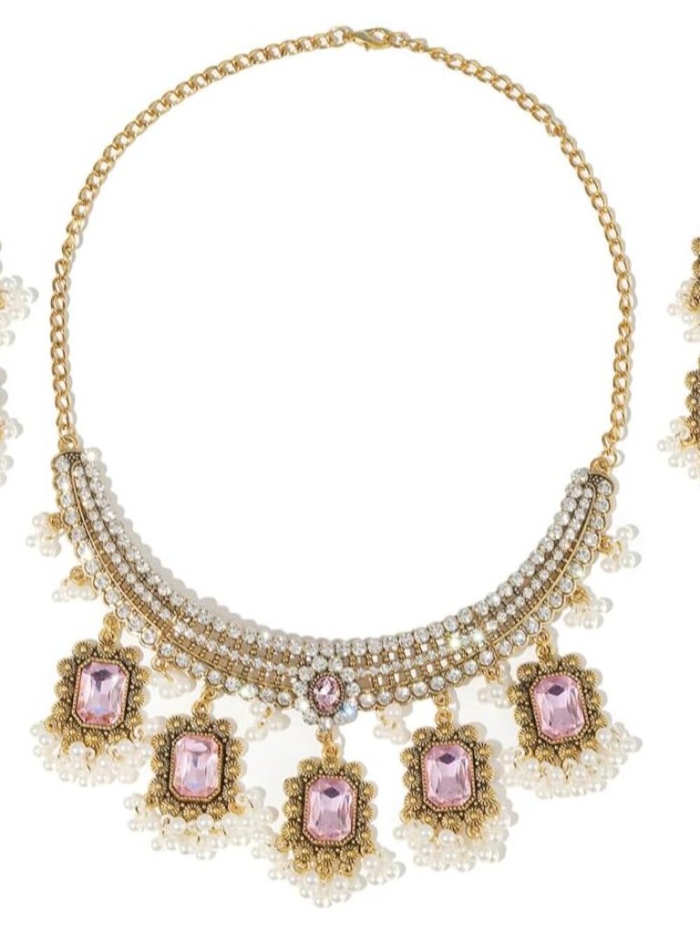 Ethnic Rectangle CZ Beaded Tassel Dangle Drop Stud Earrings Choker Necklace Set